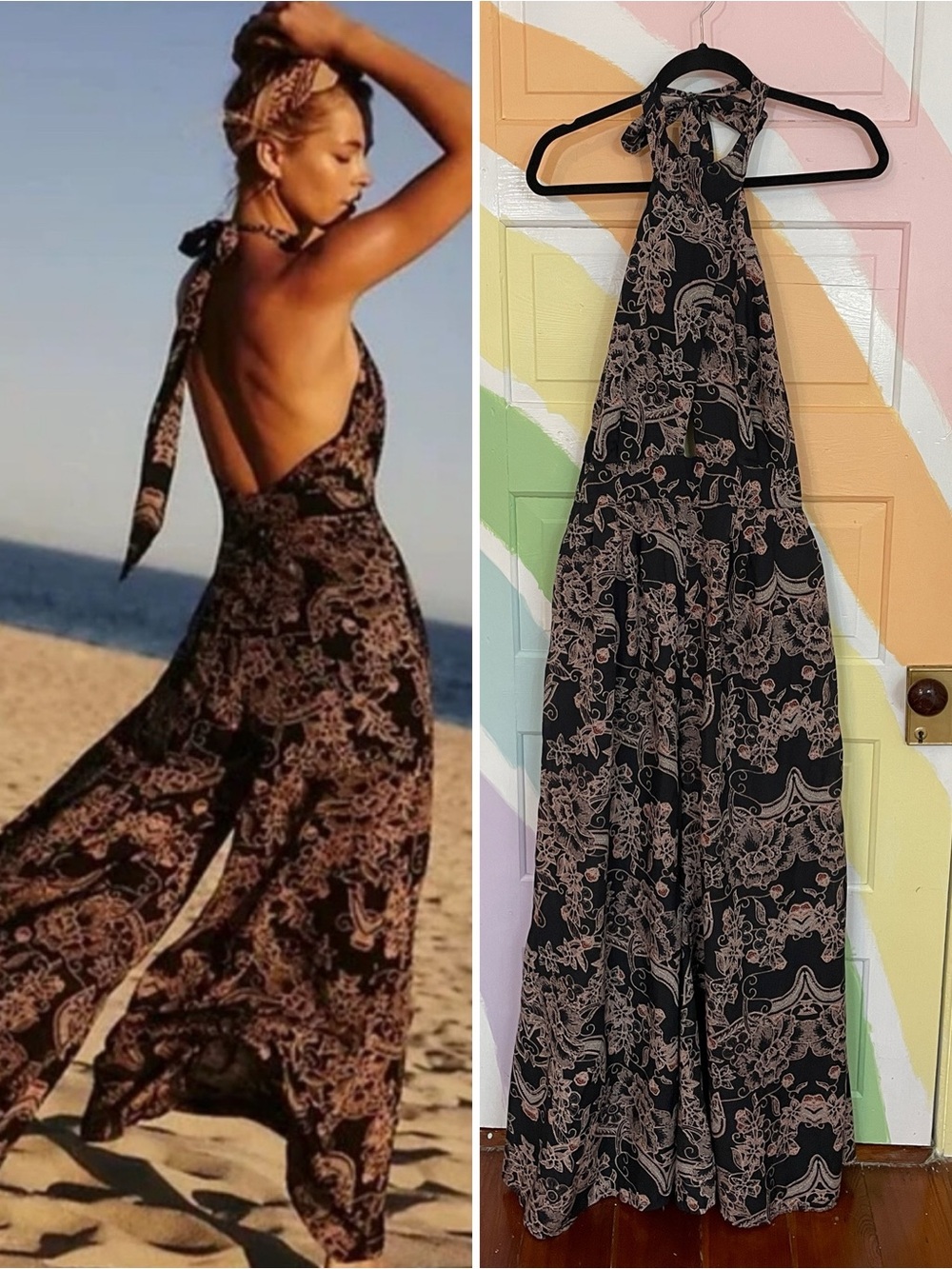Free People Kissing Sunlight Halter Top Wide Leg Jumpsuit Black Floral Sz S 🧡🎀